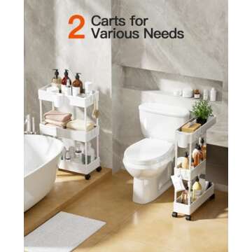 Pipishell Bathroom Cart, 2 Pack Slim Storage Cart Organizer with Hanging Cups & Hooks, Rolling for Bathroom, Laundry Room, Kitchen, Set of 2, PIUC07WK2