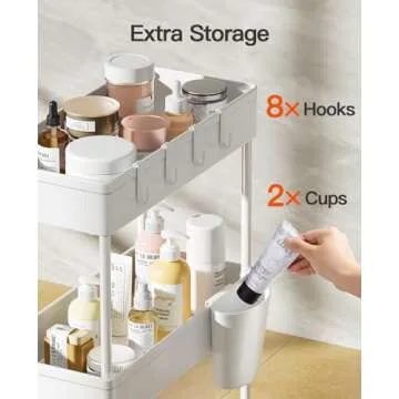Pipishell Bathroom Cart, 2 Pack Slim Storage Cart Organizer with Hanging Cups & Hooks, Rolling for Bathroom, Laundry Room, Kitchen, Set of 2, PIUC07WK2