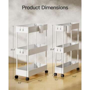 Pipishell Bathroom Cart, 2 Pack Slim Storage Cart Organizer with Hanging Cups & Hooks, Rolling for Bathroom, Laundry Room, Kitchen, Set of 2, PIUC07WK2