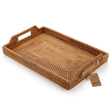 Hand-Woven Rattan Rectangular Serving Tray with Handles for Breakfast, Drinks, Snack for Coffee Tabl...