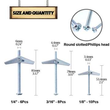 Swpeet Assorted 24 Pcs Toggle Bolt and Wing Nut Kit for Hanging Heavy Items on Drywall - 1/8 Inch, 3...