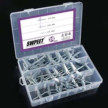 Swpeet Assorted 24 Pcs Toggle Bolt and Wing Nut Kit for Hanging Heavy Items on Drywall - 1/8 Inch, 3/16Inch, 1/4Inch