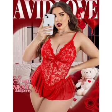 Avidlove Plus Size Women Lingerie Bodysuit Sexy Lace Teddy One Piece Babydoll Chemise L-4XL Red