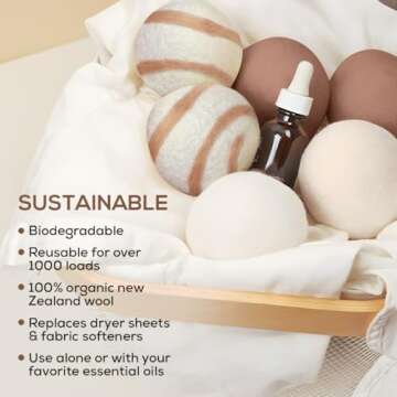Organic Wool Dryer Balls Laundry Reusable [Set of 6] XL - 100% Pure New Zealand Wool - Natural Anti Static Fabric Softener Wool Dryer Balls Made in USA