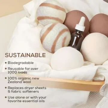 Organic Wool Dryer Balls Laundry Reusable [Set of 6] XL - 100% Pure New Zealand Wool - Natural Anti Static Fabric Softener Wool Dryer Balls Made in USA