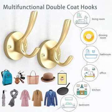 ZUONAI Gold Hooks 4 Pack Brushed Gold Wall Hooks Heavy Duty Metal Coat Hooks for Hanging Coats and Hat Hooks Wall Mounted Towel Hooks for Bathrooms Clothing Hooks for Bedroom Double Hooks