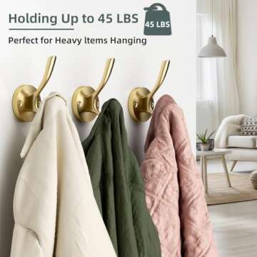 ZUONAI Gold Hooks 4 Pack Brushed Gold Wall Hooks Heavy Duty Metal Coat Hooks for Hanging Coats and Hat Hooks Wall Mounted Towel Hooks for Bathrooms Clothing Hooks for Bedroom Double Hooks