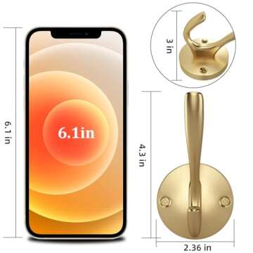 ZUONAI Gold Hooks 4 Pack Brushed Gold Wall Hooks Heavy Duty Metal Coat Hooks for Hanging Coats and Hat Hooks Wall Mounted Towel Hooks for Bathrooms Clothing Hooks for Bedroom Double Hooks