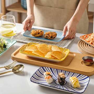 Selamica Ceramic 8 inch Rectangular Salad Plates, Dinner Plates, Pasta Dessert Plates for Appetizer, Sushi, Fruit - Microwave/oven/Dishwasher Safe, Set of 6, Assorted Colors