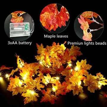 Thanksgiving Decorations Lighted Fall Garland, 30 LED Maple Leaf String Lights, Battery Powered Harvest Fall Garlands String Light, Perfect Decoration for Autumn Halloween Christmas (Warm White)