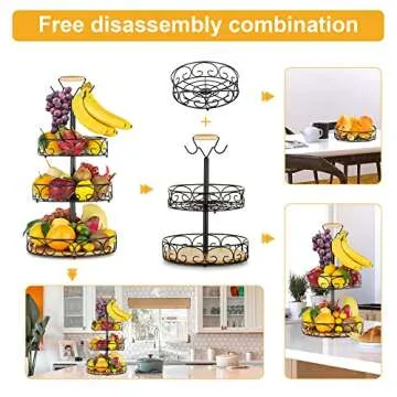 ETHCMART 3-Tier Fruit Basket with Banana Hanger for Kitchen