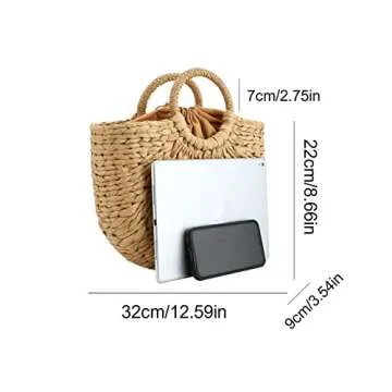 Women Straw Bag, Hand-woven Rattan Tote Clutch Handle Bag Retro Summer Beach Tote Bags Wicker Bags