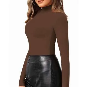 MANGOPOP Women's Mock Turtle Neck Slim Fit Long Half Short Sleeve T-Shirt Tee Coffee