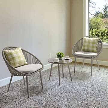 NUU GARDEN 3 Piece Outdoor Bistro Set, Woven Rope Conversation Patio Set, All Weather Patio Furniture Chairs and Table with Cushions for Garden, Deck, Backyard, Balcony, Porch, Beige