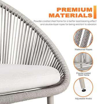 NUU GARDEN 3 Piece Outdoor Bistro Set, Woven Rope Conversation Patio Set, All Weather Patio Furniture Chairs and Table with Cushions for Garden, Deck, Backyard, Balcony, Porch, Beige