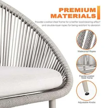 NUU GARDEN 3 Piece Outdoor Bistro Set, Woven Rope Conversation Patio Set, All Weather Patio Furniture Chairs and Table with Cushions for Garden, Deck, Backyard, Balcony, Porch, Beige