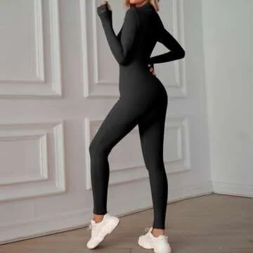 OEAK Womens Yoga Jumpsuit Ribbed Zip Tummy Control Long Sleeve Unitard Casual Romper High Waisted One Piece Workout Bodycon Solid Black S