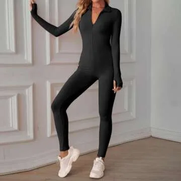 OEAK Womens Yoga Jumpsuit Ribbed Zip Tummy Control Long Sleeve Unitard Casual Romper High Waisted One Piece Workout Bodycon Solid Black S