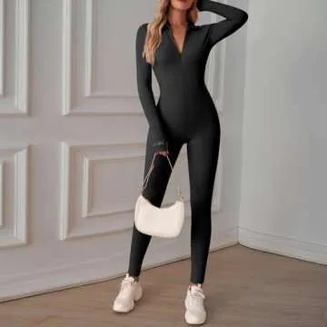 OEAK Womens Yoga Jumpsuit Ribbed Zip Tummy Control Long Sleeve Unitard Casual Romper High Waisted One Piece Workout Bodycon Solid Black S