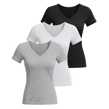 Ficerd 3 Pack Women's Short Sleeve Cotton T-Shirts V Neck Ribbed Slim Fit Tops Ladies' Casual Summer Basic Tee(Black, White, Light Gray,S)