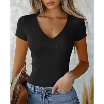 Ficerd 3 Pack Women's Short Sleeve Cotton T-Shirts V Neck Ribbed Slim Fit Tops Ladies' Casual Summer Basic Tee(Black, White, Light Gray,S)