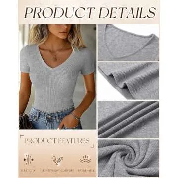 Ficerd 3 Pack Women's Short Sleeve Cotton T-Shirts V Neck Ribbed Slim Fit Tops Ladies' Casual Summer Basic Tee(Black, White, Light Gray,S)