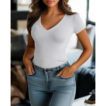 Ficerd 3 Pack Women's Short Sleeve Cotton T-Shirts V Neck Ribbed Slim Fit Tops Ladies' Casual Summer Basic Tee(Black, White, Light Gray,S)