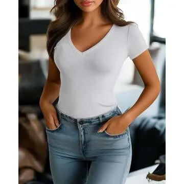 Ficerd 3 Pack Women's Short Sleeve Cotton T-Shirts V Neck Ribbed Slim Fit Tops Ladies' Casual Summer Basic Tee(Black, White, Light Gray,S)