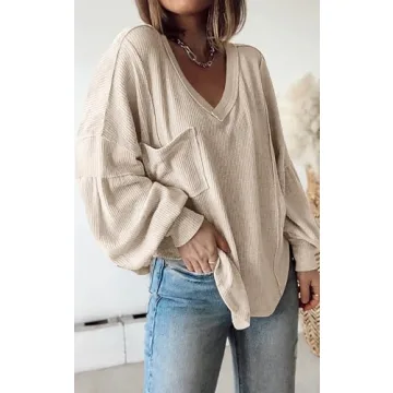 Stylish BTFBM V Neck Ribbed Knit Blouse for Women