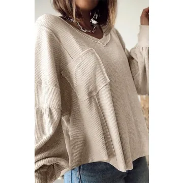 Stylish BTFBM V Neck Ribbed Knit Blouse for Women