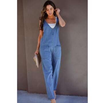 luvamia Jean Overalls for Women Sleeveless Denim Jumpsuit Casual Baggy Overall Jumpsuits Loose Fit Jumpers With Pockets Women'S Overalls Loose Fit Garden Overalls for Women Medium Blue Size 4 Size 6
