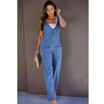 luvamia Jean Overalls for Women Sleeveless Denim Jumpsuit Casual Baggy Overall Jumpsuits Loose Fit Jumpers With Pockets Women'S Overalls Loose Fit Garden Overalls for Women Medium Blue Size 4 Size 6