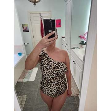 Hilor Women's Slimming One Piece Swimsuits Vintage One Shoulder Bathing Suits Asymmetric Modest Swimwear Yellow Leopard 16
