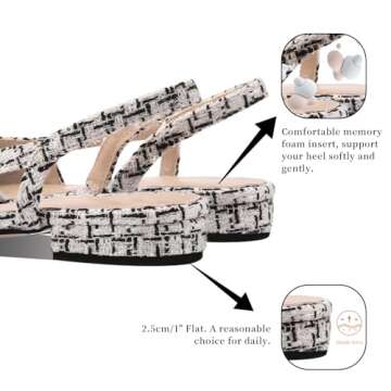Adrizzlein Womens Slingback Flat Pumps Closed Round Toe Two Toned Casual Office Shoes White Black Thread Size 6