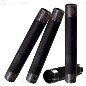 SupplyGiant 3/4 x 12 Inch Black Steel Pipe (4-Pack), Heavy Duty Industrial Malleable Iron Pipes, Pre Cut Threaded Nipple Great For All DIY Furniture And Black Pipe Shelving