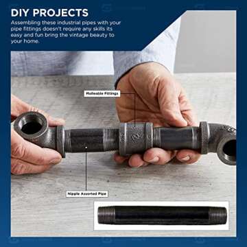 SupplyGiant 3/4 x 12 Inch Black Steel Pipe (4-Pack), Heavy Duty Industrial Malleable Iron Pipes, Pre Cut Threaded Nipple Great For All DIY Furniture And Black Pipe Shelving