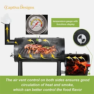 Captiva Designs Charcoal Grill with Offset Smoker for Outdoor Cooking