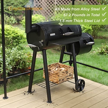 Captiva Designs Charcoal Grill with Offset Smoker for Outdoor Cooking