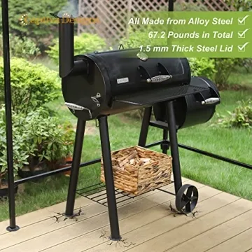Captiva Designs Charcoal Grill with Offset Smoker for Outdoor Cooking