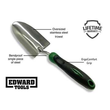 Edward Tools Bend-Proof Garden Trowel - Heavy Duty Polished Stainless Steel - Rust Resistant Oversiz...