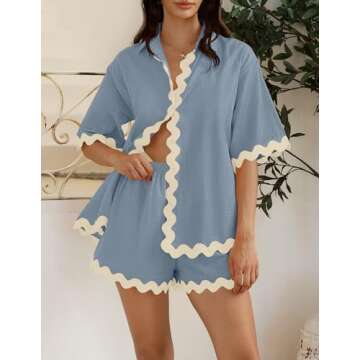ZESICA Women's Button Down Pajama Set Line Short Sleeve Shirt and Shorts Pj Lounge Sets Sleepwear with Pockets,DustyBlue,Small