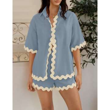 ZESICA Women's Button Down Pajama Set Line Short Sleeve Shirt and Shorts Pj Lounge Sets Sleepwear with Pockets,DustyBlue,Small