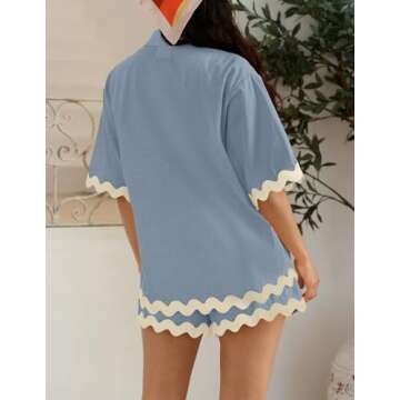 ZESICA Women's Button Down Pajama Set Line Short Sleeve Shirt and Shorts Pj Lounge Sets Sleepwear with Pockets,DustyBlue,Small