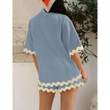 ZESICA Women's Button Down Pajama Set Line Short Sleeve Shirt and Shorts Pj Lounge Sets Sleepwear with Pockets,DustyBlue,Small
