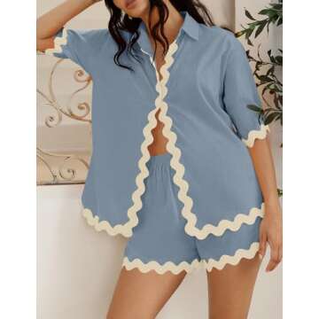 ZESICA Women's Button Down Pajama Set Line Short Sleeve Shirt and Shorts Pj Lounge Sets Sleepwear with Pockets,DustyBlue,Small