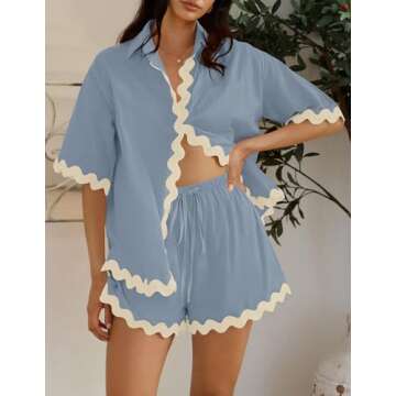 ZESICA Women's Button Down Pajama Set Line Short Sleeve Shirt and Shorts Pj Lounge Sets Sleepwear with Pockets,DustyBlue,Small