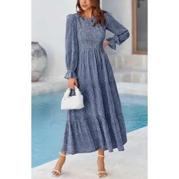 BTFBM Women Casual Long Sleeve Crew Neck Fall Dress Bohemian Relaxed Fit Floral Flowy Maxi Dresses Tiered Cocktail Dress(Floral Dark Blue,Medium)