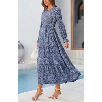 BTFBM Women Casual Long Sleeve Crew Neck Fall Dress Bohemian Relaxed Fit Floral Flowy Maxi Dresses Tiered Cocktail Dress(Floral Dark Blue,Medium)