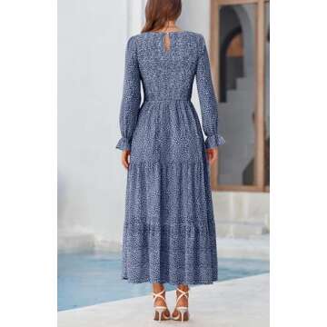 BTFBM Women Casual Long Sleeve Crew Neck Fall Dress Bohemian Relaxed Fit Floral Flowy Maxi Dresses Tiered Cocktail Dress(Floral Dark Blue,Medium)