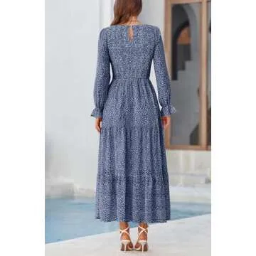 BTFBM Women Casual Long Sleeve Crew Neck Fall Dress Bohemian Relaxed Fit Floral Flowy Maxi Dresses Tiered Cocktail Dress(Floral Dark Blue,Medium)